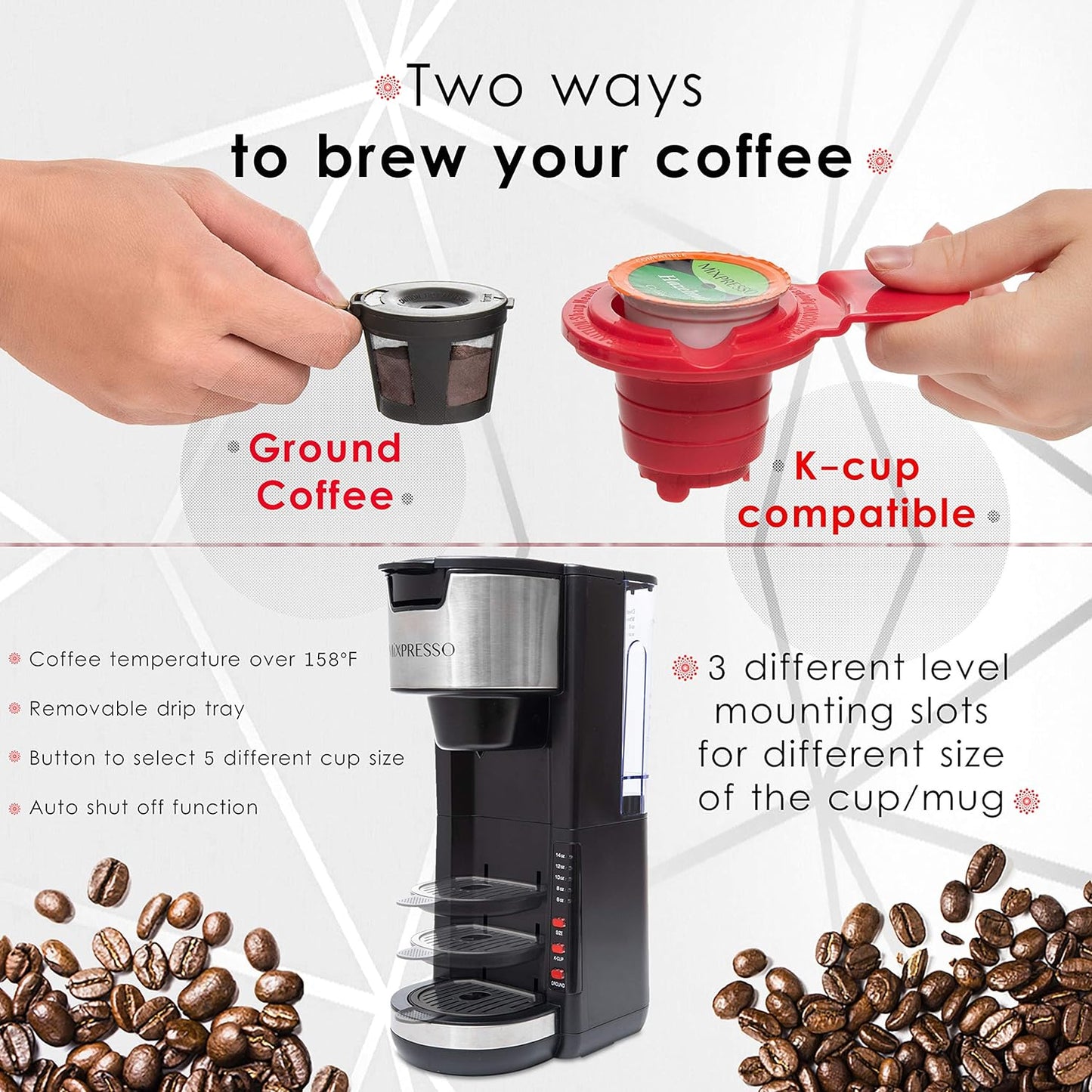 Versatile Black Single Serve Coffee Maker: Brew K-Cup Pods or Ground Coffee with 5 Custom Brew Sizes, Perfect for Travel Mugs and Compact Spaces