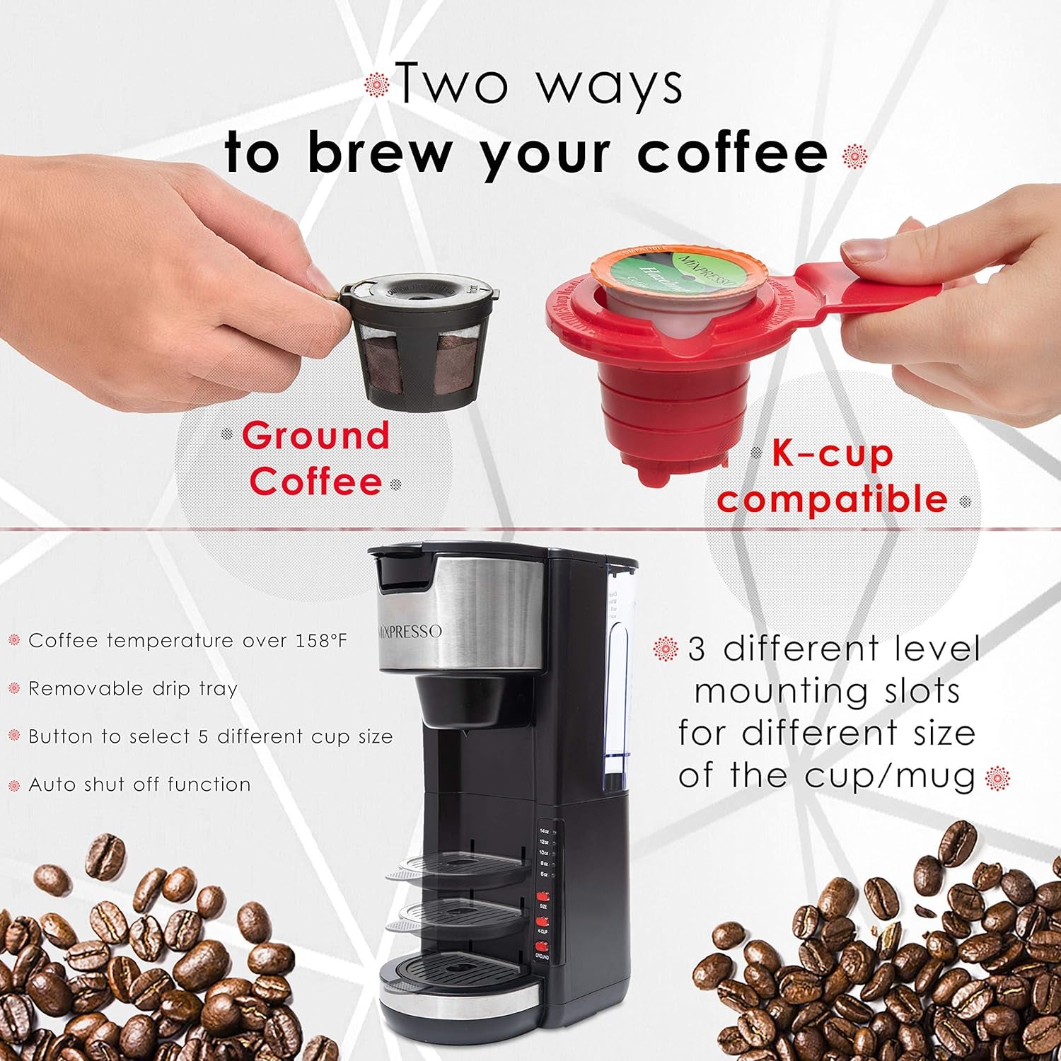 Versatile Black Single Serve Coffee Maker: Brew K-Cup Pods or Ground Coffee with 5 Custom Brew Sizes, Perfect for Travel Mugs and Compact Spaces