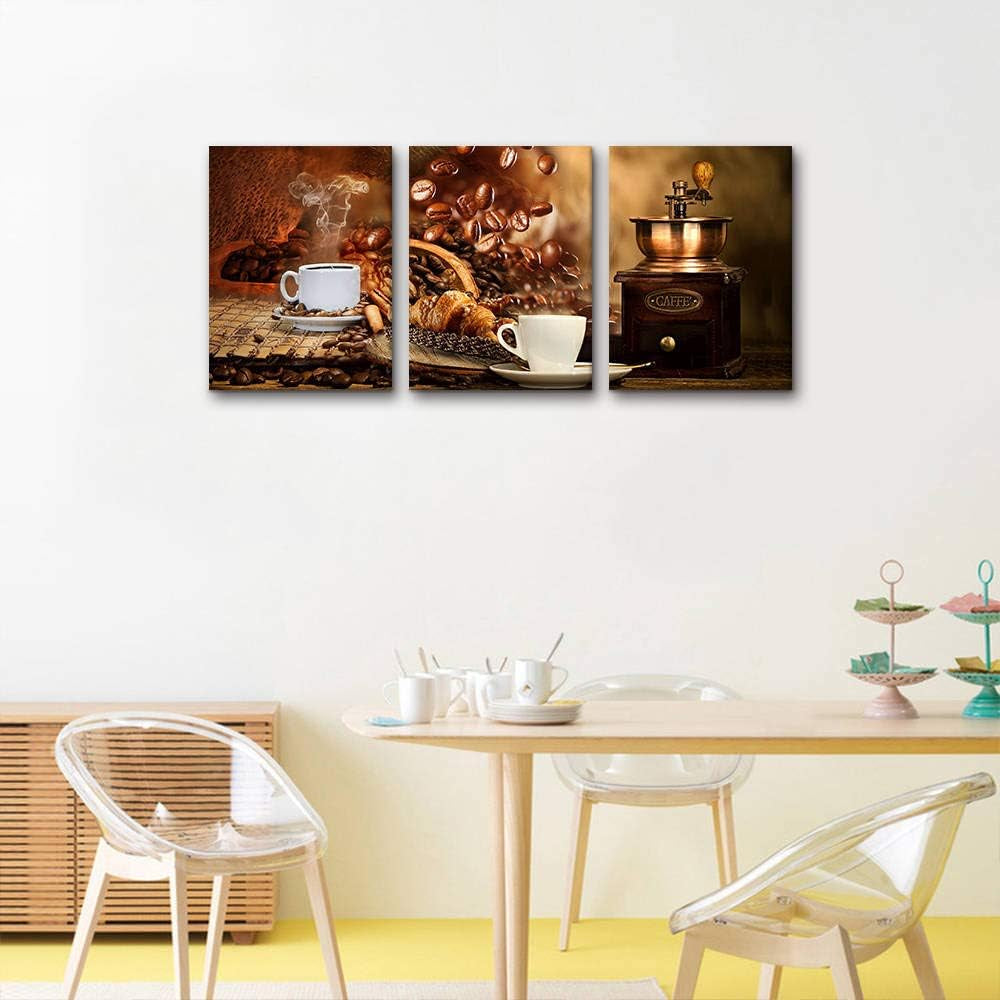 Kitchen Canvas Wall Art for Dining Room - Coffee Themed Prints with Bean, Cup, and Machine Decor for Wall Decorations