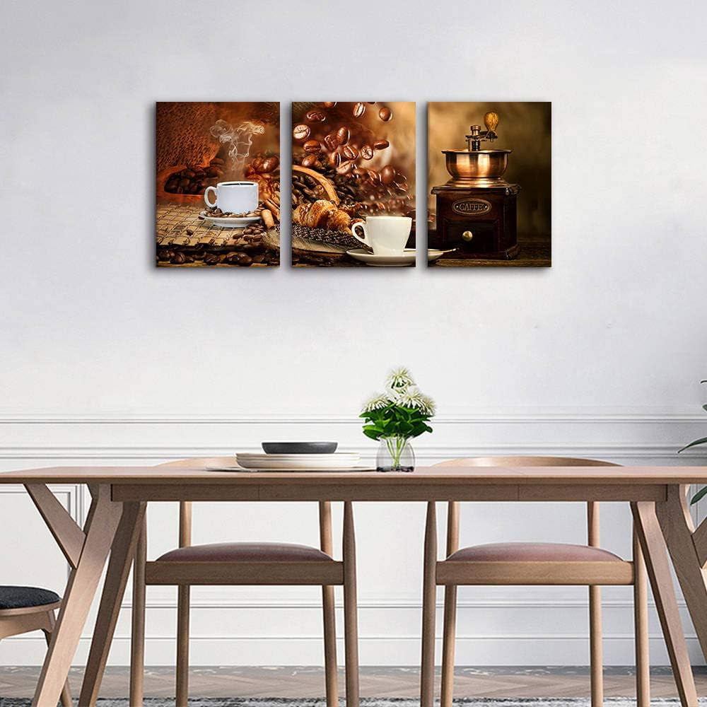 Kitchen Canvas Wall Art for Dining Room - Coffee Themed Prints with Bean, Cup, and Machine Decor for Wall Decorations