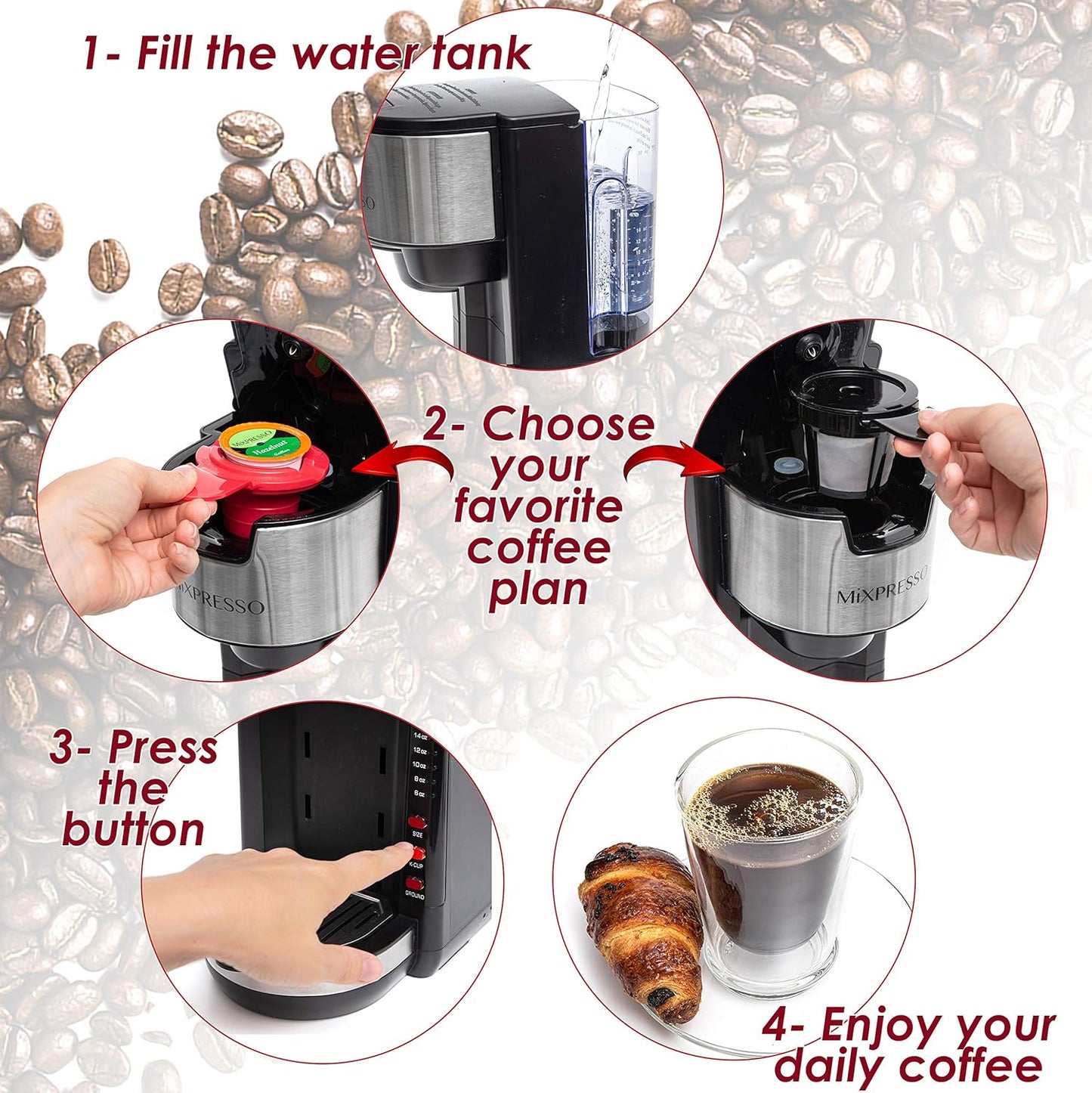Versatile Black Single Serve Coffee Maker: Brew K-Cup Pods or Ground Coffee with 5 Custom Brew Sizes, Perfect for Travel Mugs and Compact Spaces