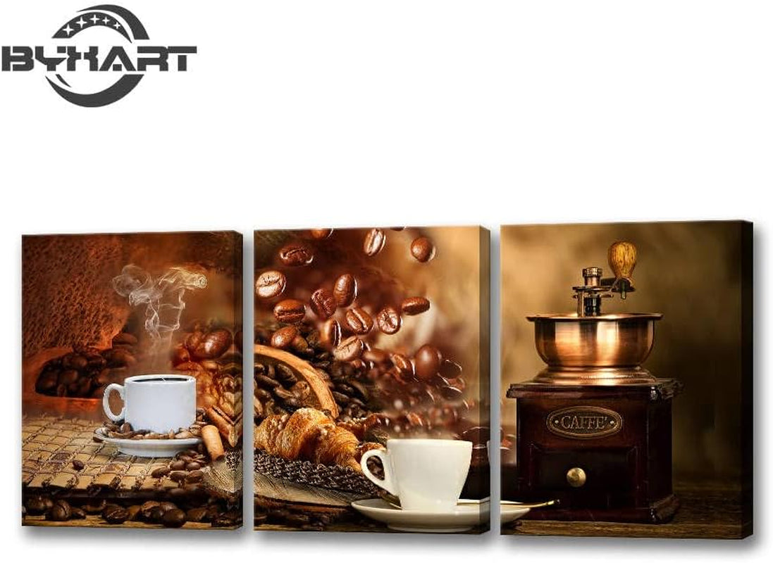 Kitchen Canvas Wall Art for Dining Room - Coffee Themed Prints with Bean, Cup, and Machine Decor for Wall Decorations