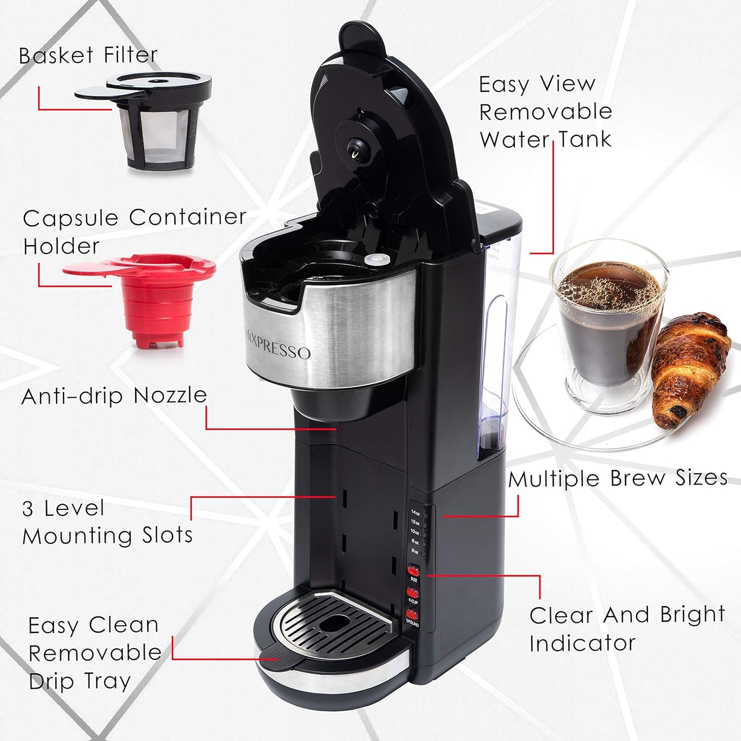 Versatile Black Single Serve Coffee Maker: Brew K-Cup Pods or Ground Coffee with 5 Custom Brew Sizes, Perfect for Travel Mugs and Compact Spaces