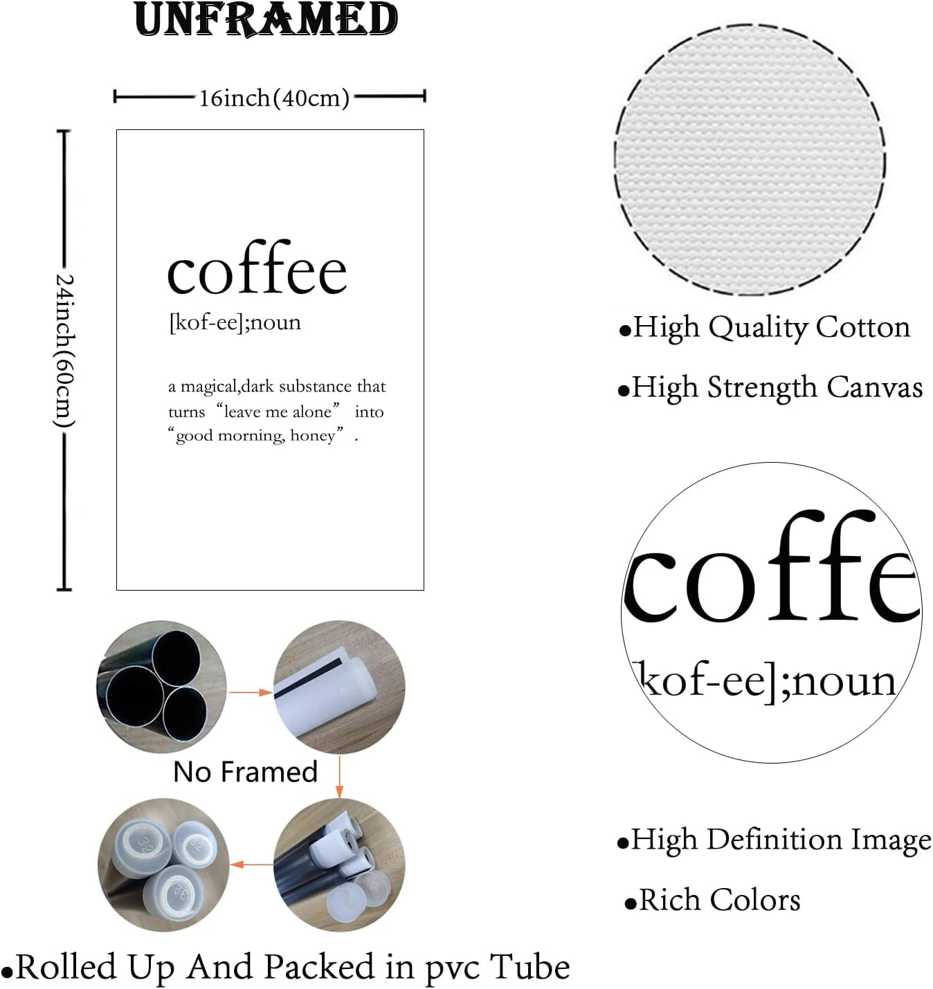 Coffee Wall Art Decor for Kitchen or Dinning Room Coffee Definition Coffee Poster Coffee Bar Funny Wall Posters Coffee Quotes Wall Art Coffee Wall Print UNFRAMED, 16X24H(40X60Cm UNFRAMED）